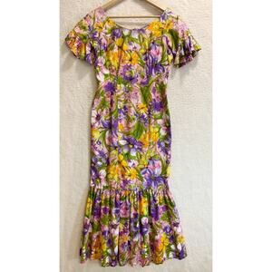 Vintage Lauhala Hawaiian Dress *29W Floral Long Fitted Luau Retro Mermaid